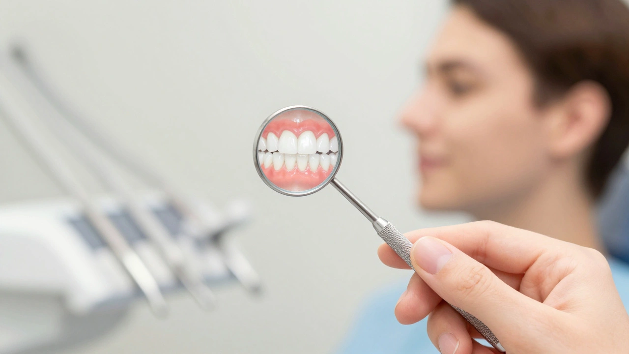 Zrcadlo odraží přirozeně bílé zuby v klidném, moderním prostředí bez jakýchkoli textů.