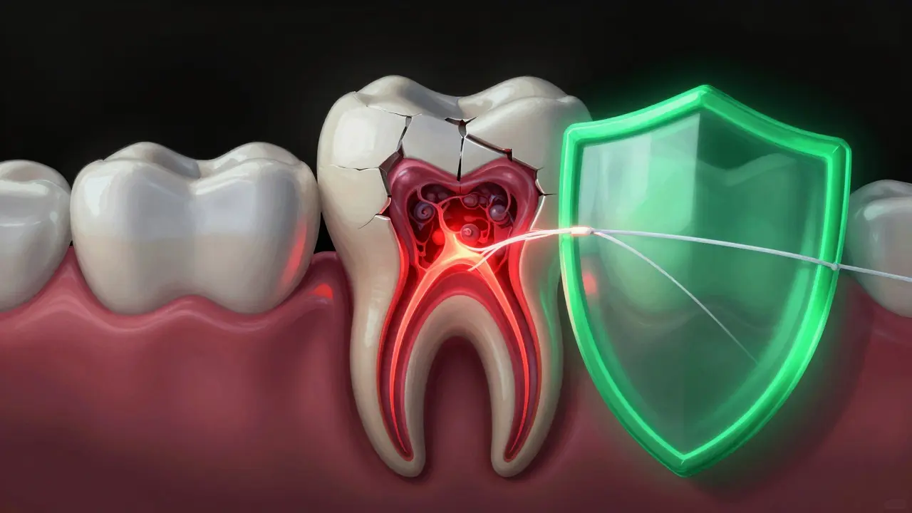Zub s infekcí v kořeni a ochrannou bariérou fluoridu a nitě.