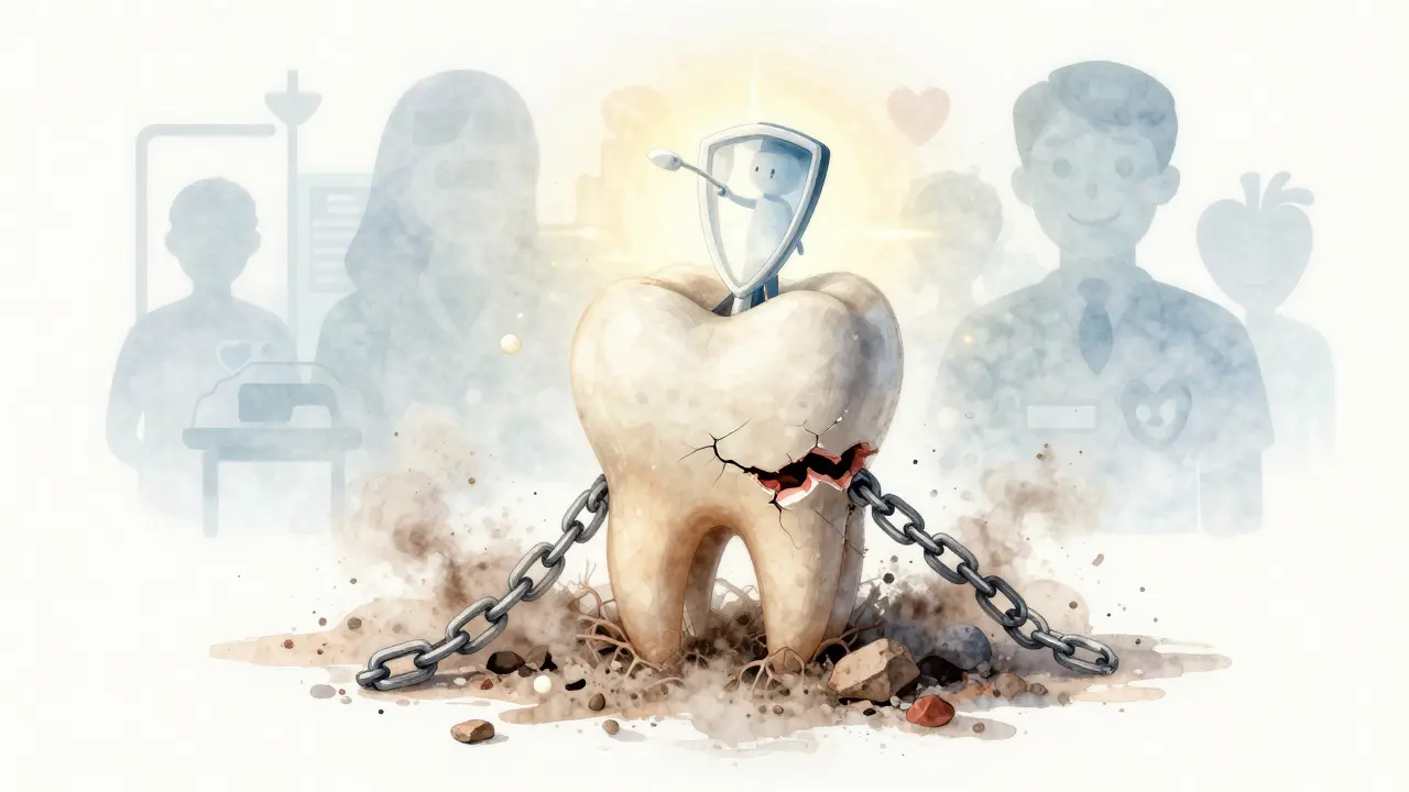 Zub se rozpadá, ale noční štětka ho chrání, symbolizující prevenci a naději.