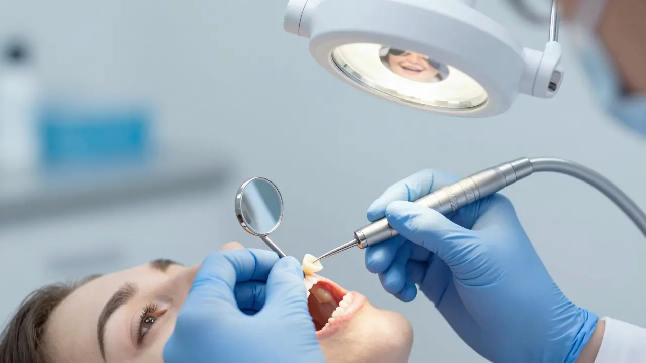 Zubař připevňuje tenkou keramickou fazetu na přední zub s přesnými nástroji.