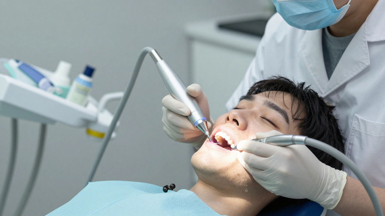 Zubní lékař odstraňuje kámen ultrazvukovým přístrojem v klinice.