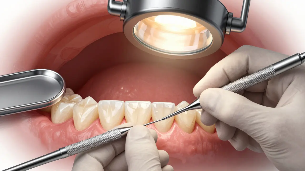 Zubní lékař přilepuje keramickou fazetu na přední zub.