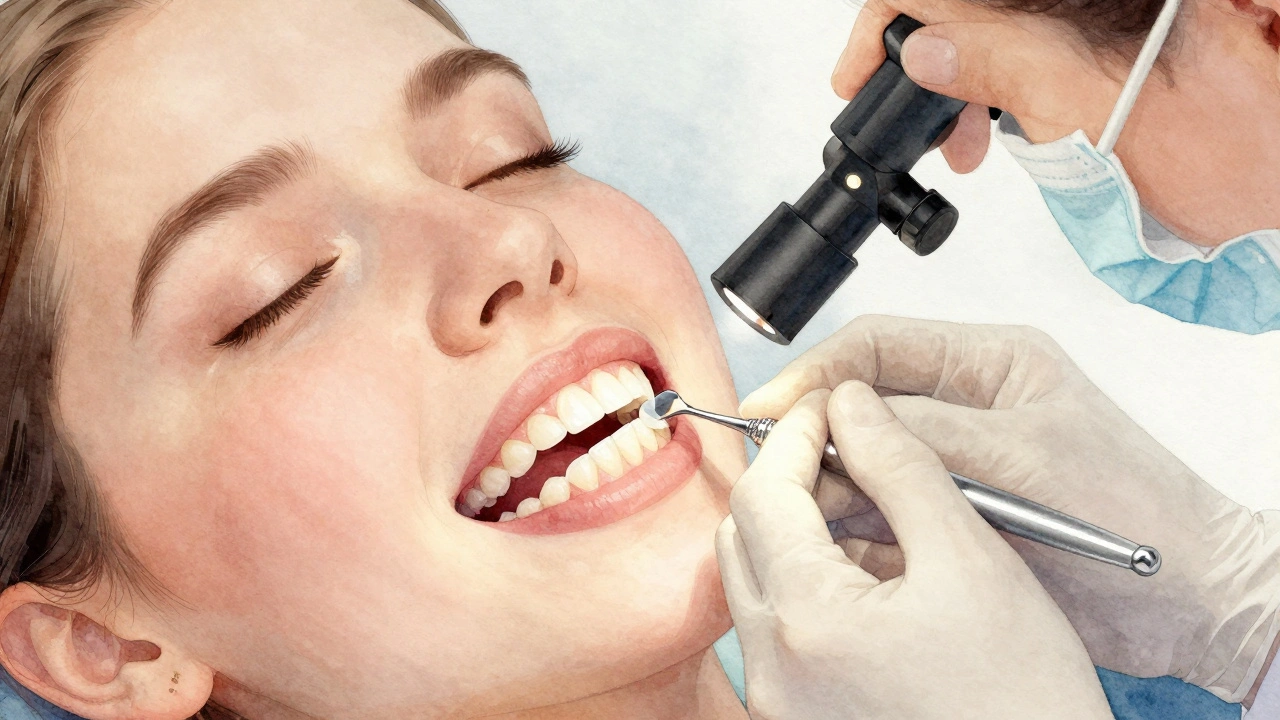 Zubní lékař připevňuje tenkou keramickou fazetu na zub pod zvětšovacím zařízením.