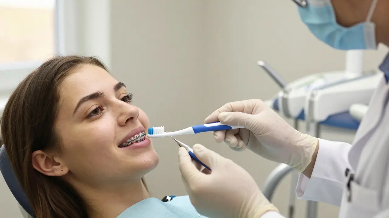 Zubní lékař ukazuje pacientovi s braketami kartáček Curaprox.