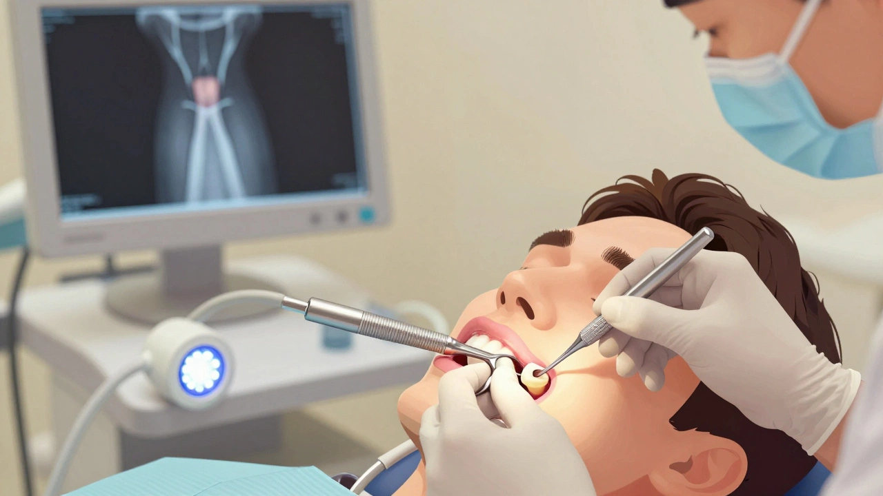 Zubní lékař znovu vkládá zub do dásně pacienta pod kontrolou rentgenového snímku.