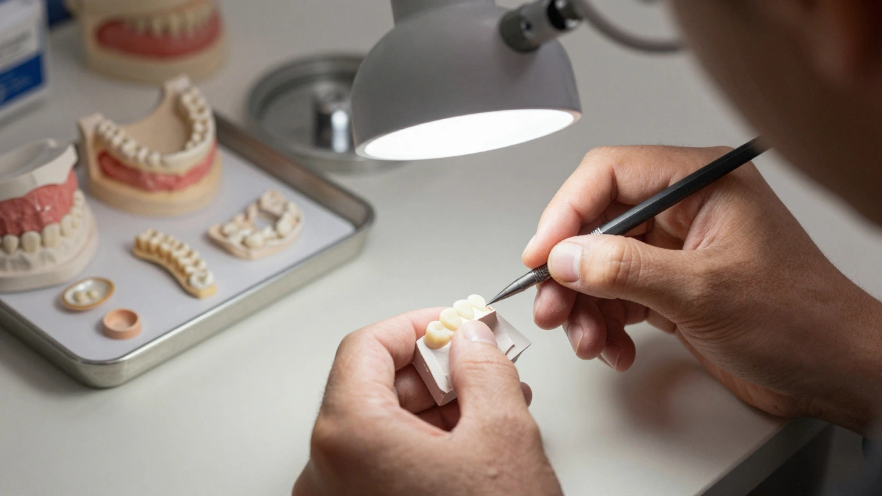 Zubní technik poliruje keramickou výplň v laboratoři při zvětšovacím světle.