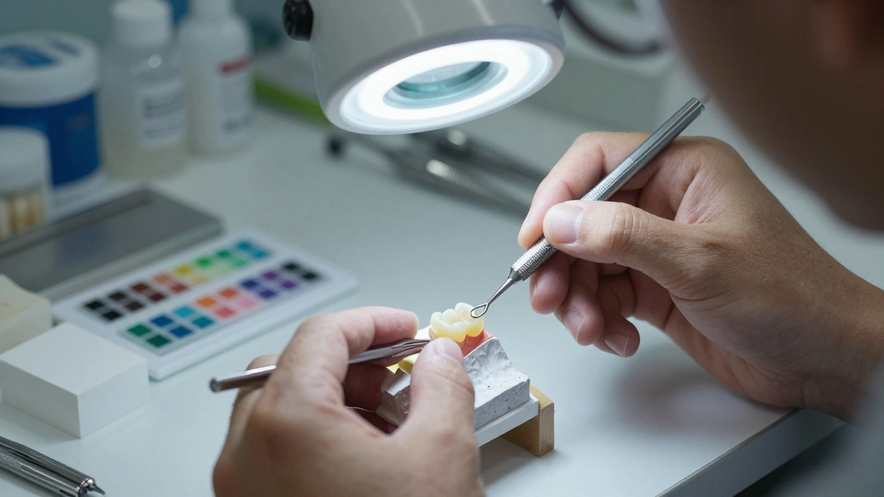 Zubní technik připravuje zirkonovou korunku v laboratoři s přesnými nástroji.