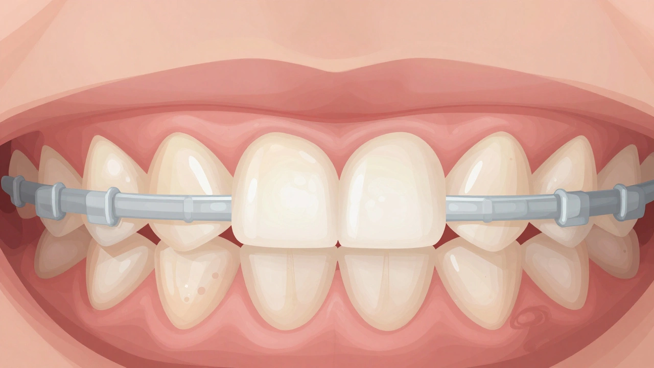 Zuby s bílými skvrnami pod gumičkami a tmavšími oblastmi kolem.