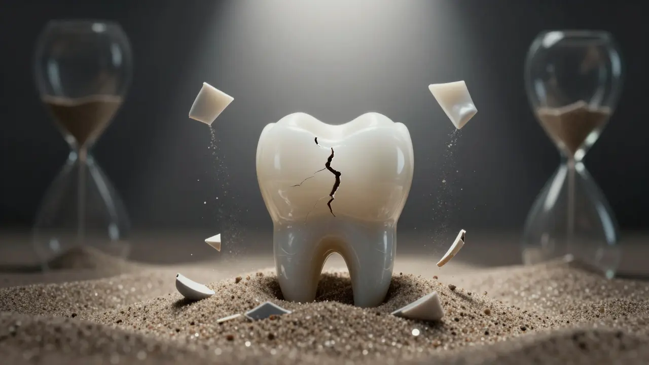 Zuby s tenčí a průhlednou emalí, kde se skrz ní projevuje tmavší vrstva, symbolizující nevratné poškození.