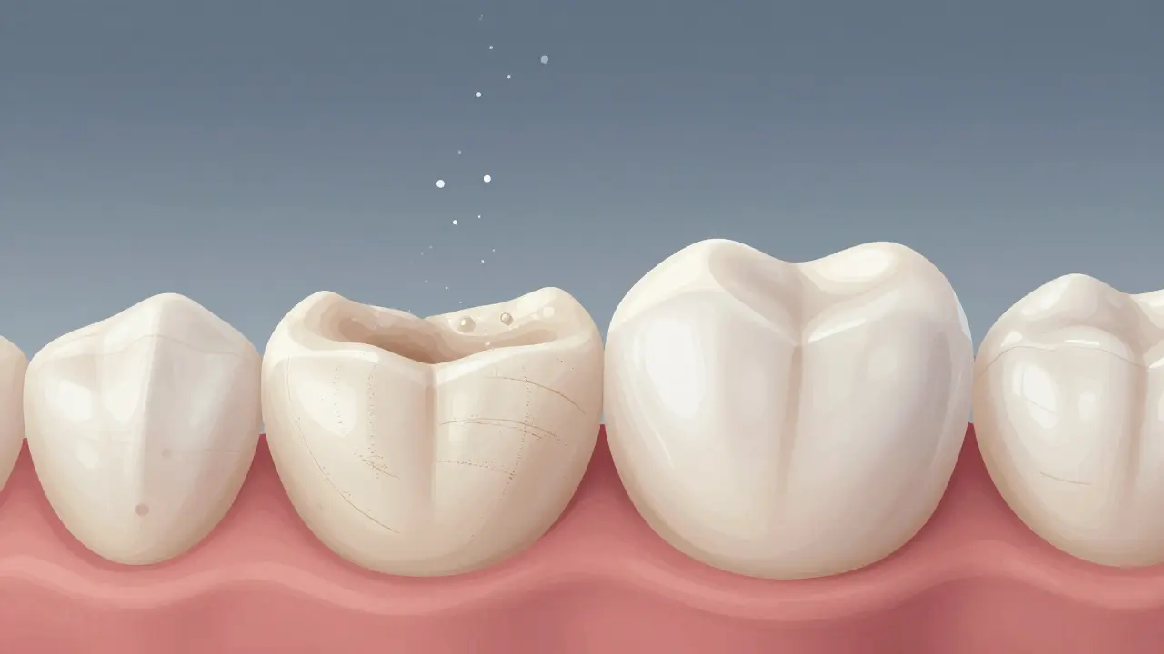 Zvětšený pohled na poškozenou zubní emailu vporovnání se zdravou, s jemnými abrazivními stopami.