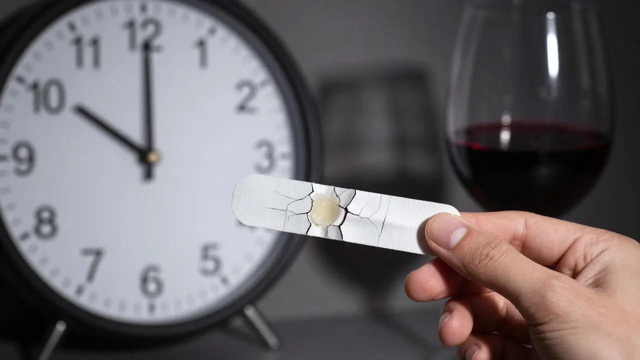 Bělící proužek s prasklinami a průsvitná sklovina, symbolizující přebělení.