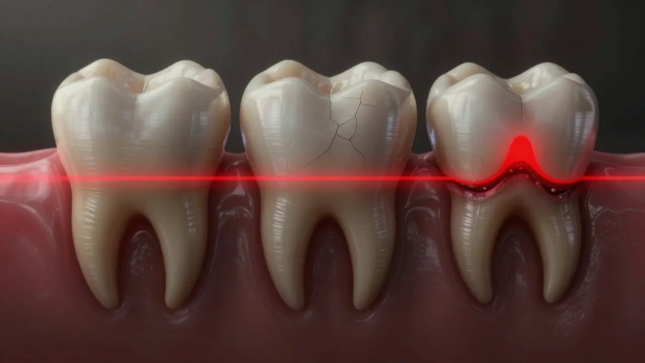 Časová osa zubního poškození: zdravý zub → citlivý zub → ztracený zub v kosti.