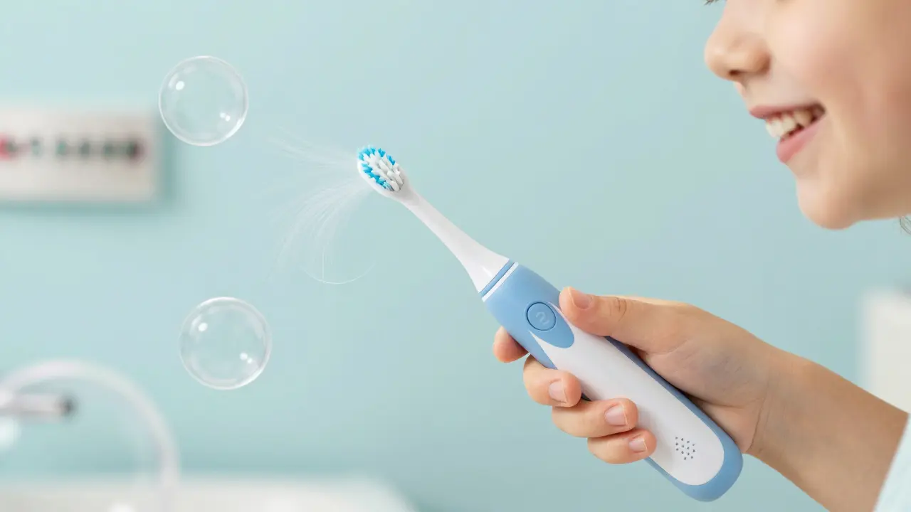 Dítě používá sonický kartáček s jemnými štětinami, kolem něj se objevují čisticí vlny.