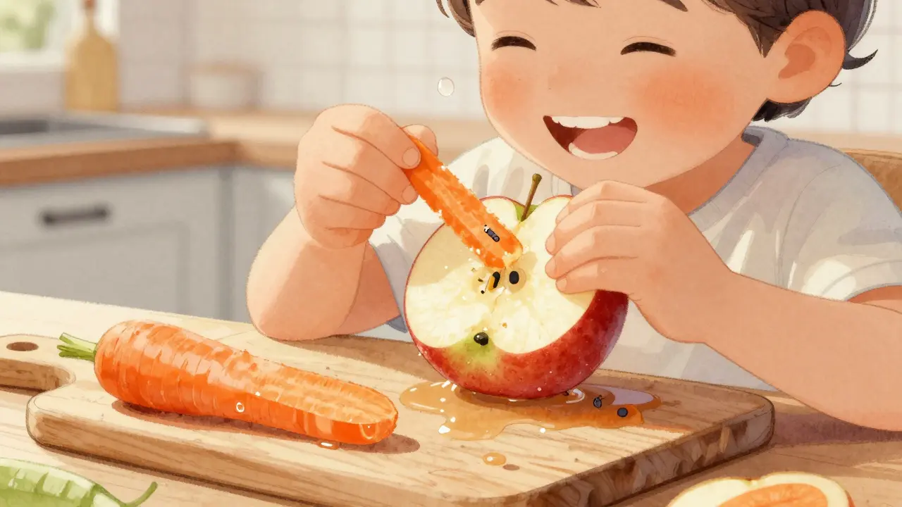 Dítě žvýká syrovou mrkev a jablko při obědě, přirozeně čistí zuby.