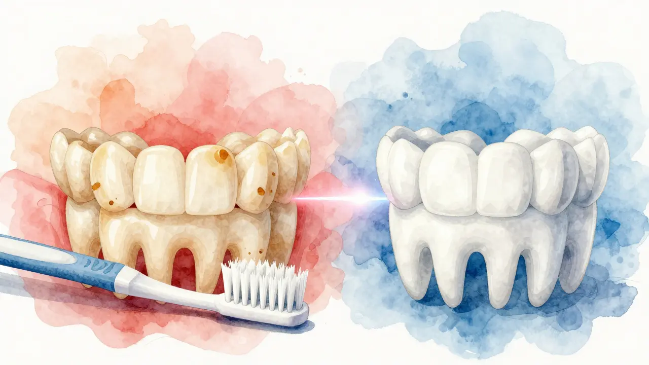Dva komparativní pohledy na zuby: žlutavé s skvrnami a bílé, zářící.
