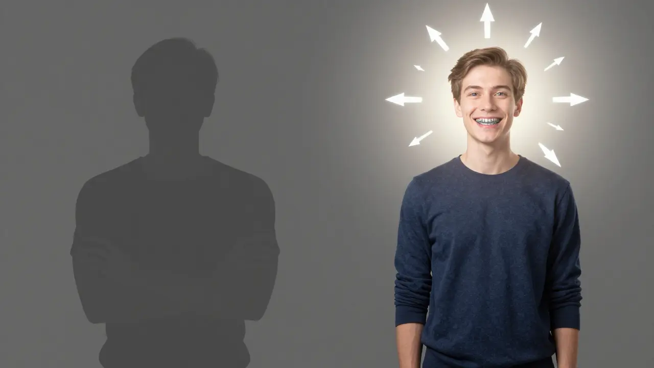 Dvě verze stejné osoby: jedna se skrývá, druhá září sebevědomím při prezentaci.