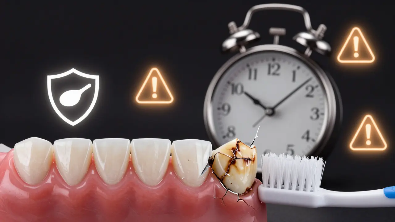 Koncepční obrázek porovnávající zdravé a poškozené fazety v časové osě.