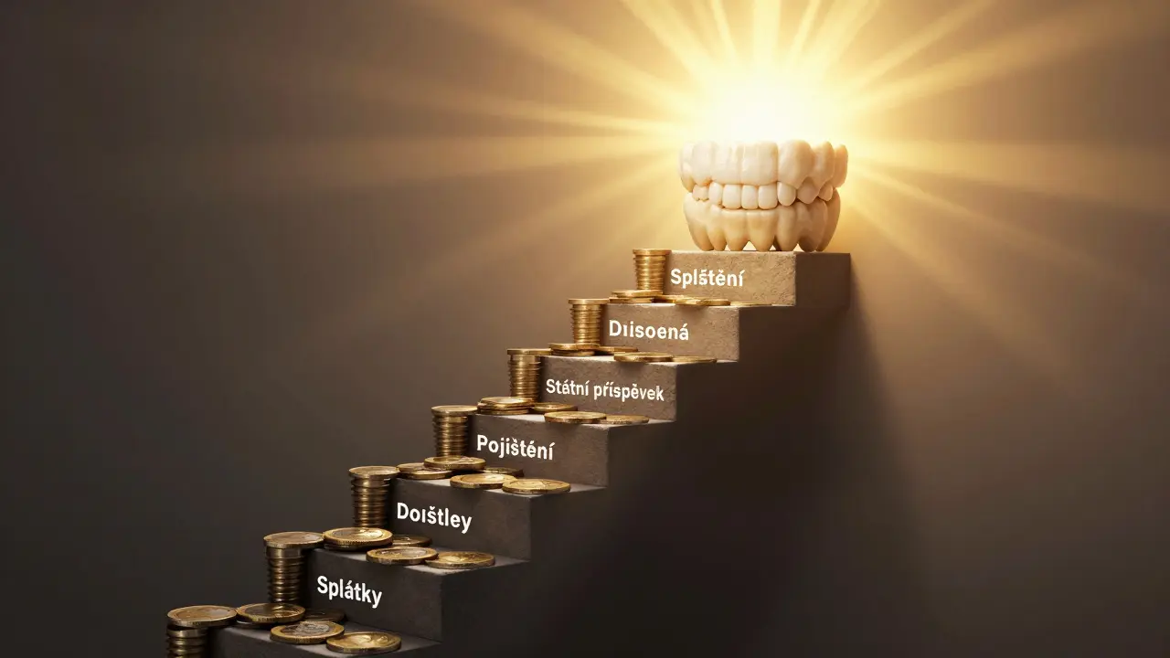 Kroková schodiště z financovacích možností vede k zdravému úsměvu.