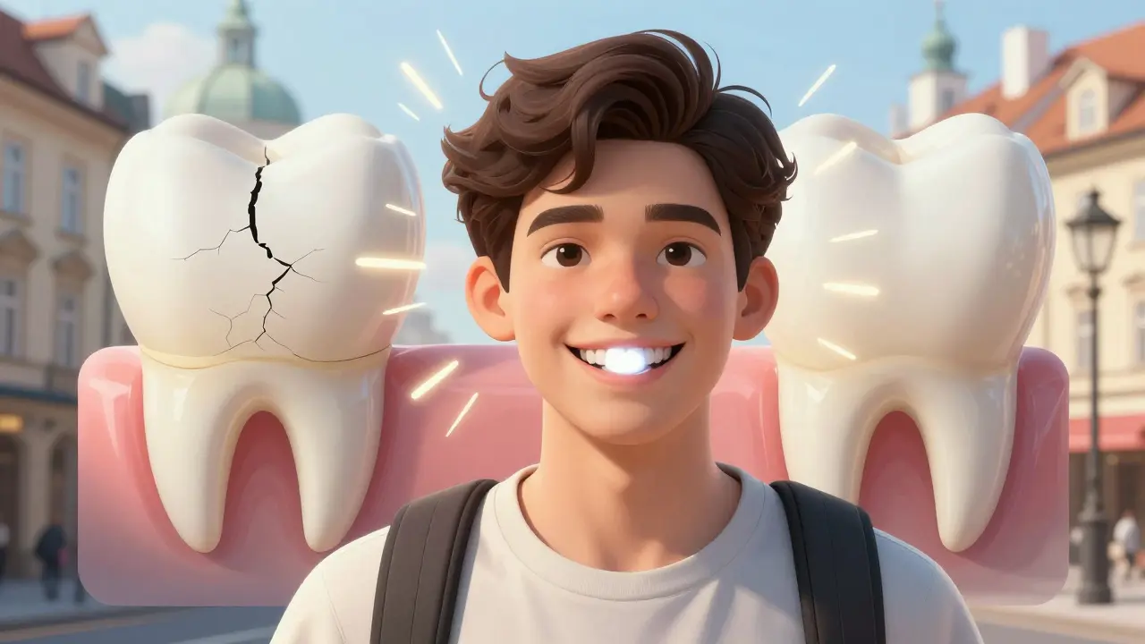 Mladý dospělý se usmívá s kvalitní kompozitní plombou na předním zubu.