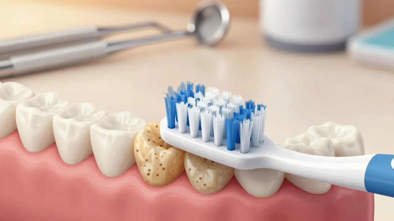 Oscilační kartáček odstraňuje plak z plochy zubu, detailní zobrazení mechanického čištění.