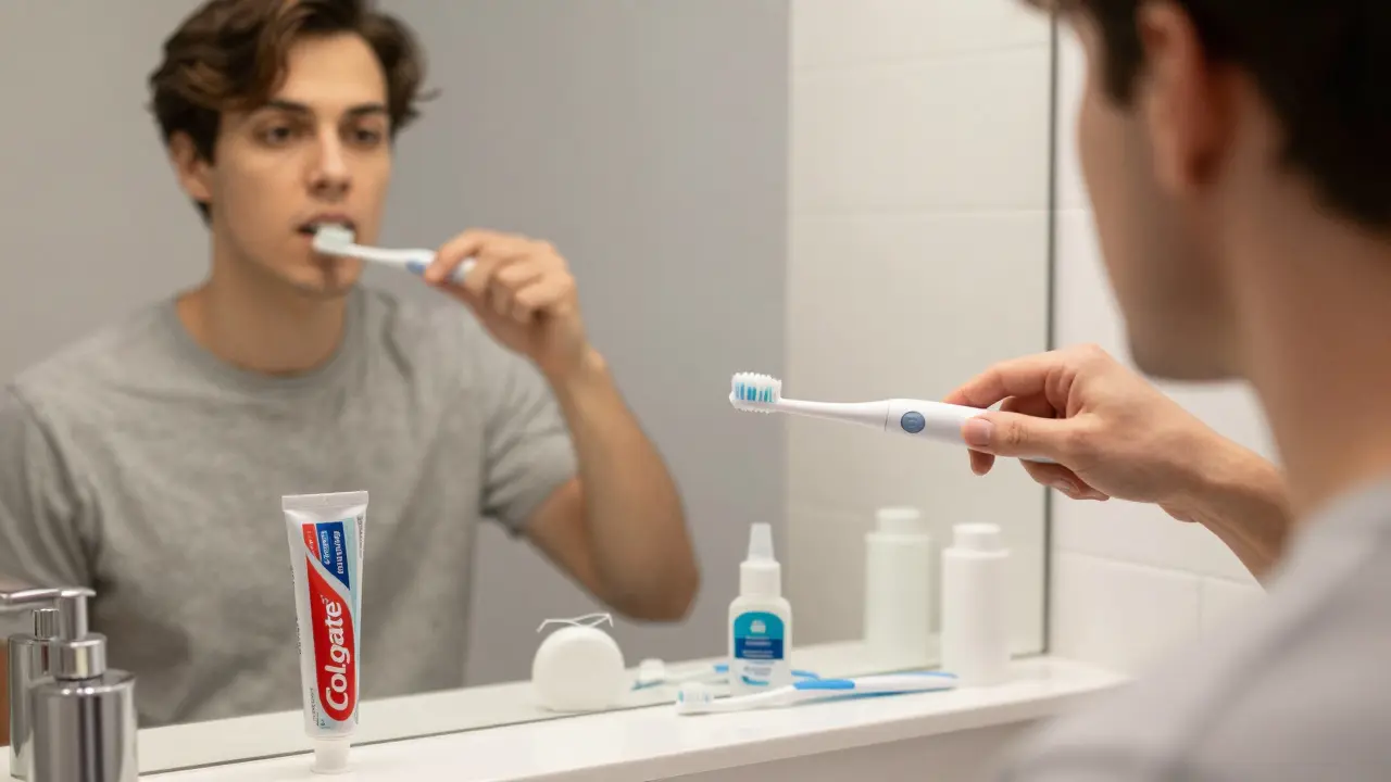 Osoba čistící zuby jemným elektrickým kartáčkem, v zrcadle viditelná pastička Colgate Rejuvenating.