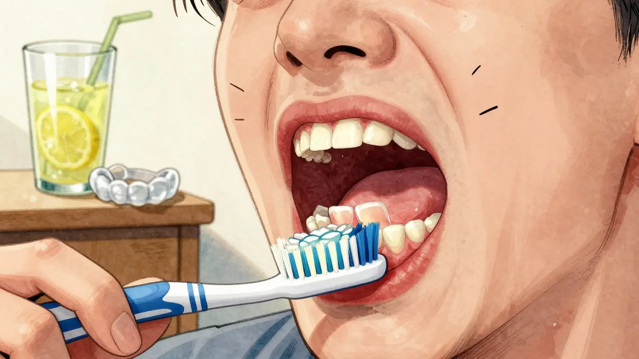 Osoba čistící zuby tvrdým kartáčkem, viditelné opotřebení emalí a červené dásně.