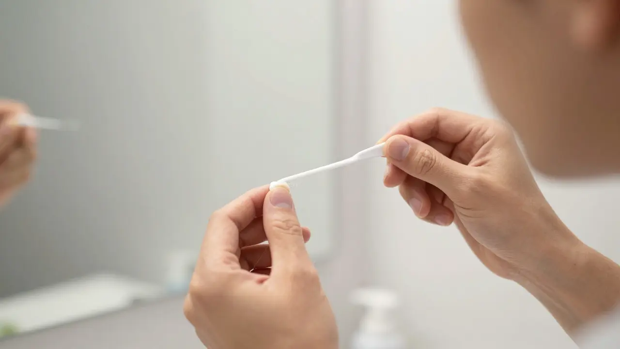 Osoba používá mezizubní nit pro odstranění plaku