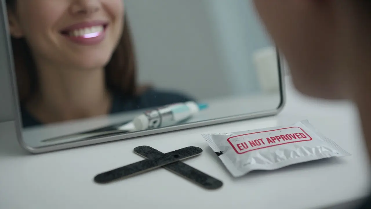 Osoba se světlým úsměvem v zrcadle, vedle ní nebezpečný nelegální produkt na bělení.