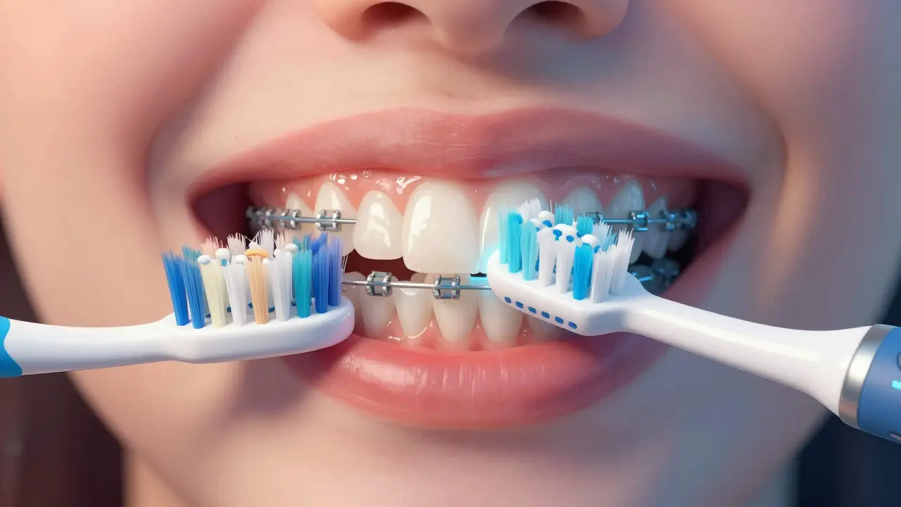 Porovnání běžného a ortodontického kartáčku: jeden nečistí efektivně, druhý odstraňuje plak.