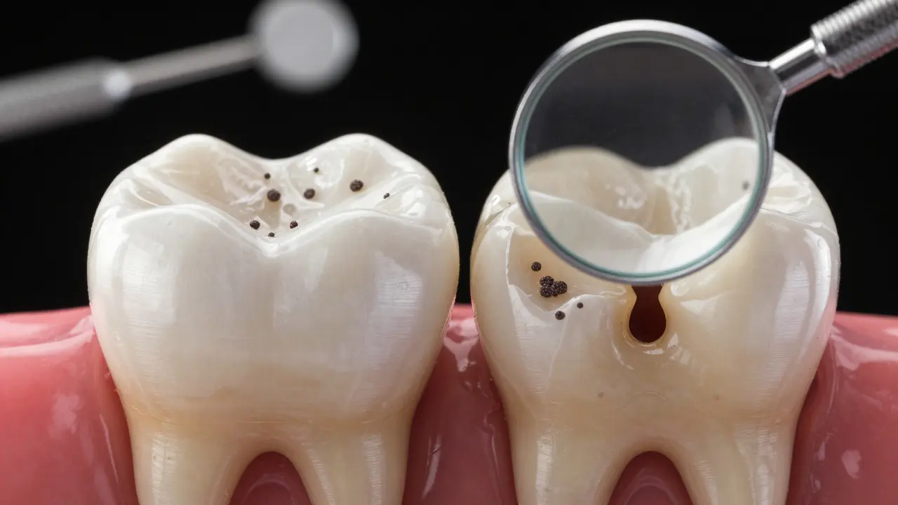 Porovnání zdravého a kazivého zubu pod zvětšením s bakteriemi a fluoridem.