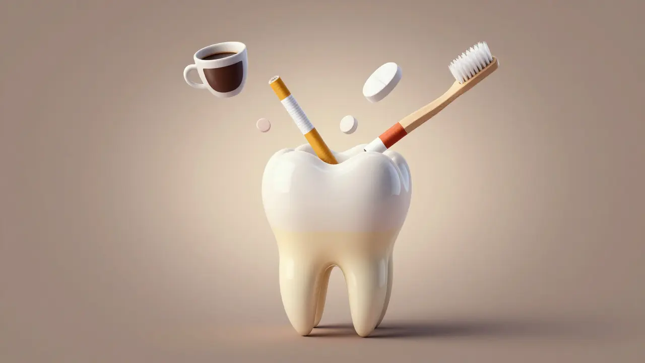 Přehled zubu s dentinem a symboly příčin žloutnutí – káva, cigaretka, lék, kartáček.