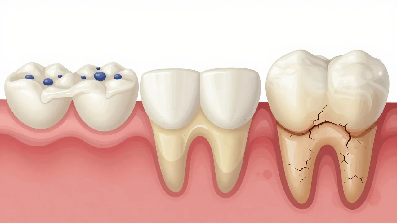 Přeměna měkkého plaku na tvrdý vodní kámen ve třech fázích.