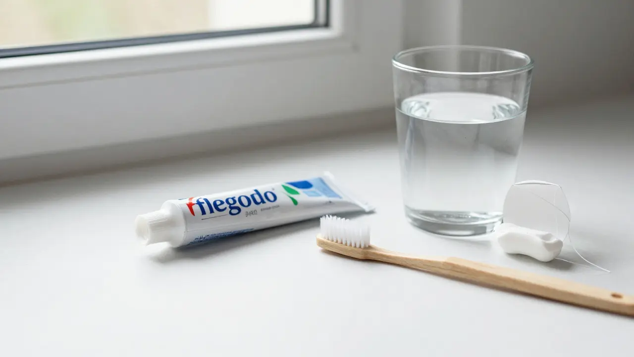 Prevence kazu: fluoridová pasta, zubní nit a voda na stole.