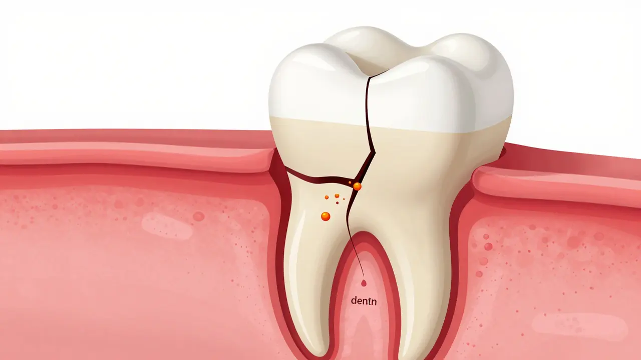 Příčný řez zubem s prasklinou v sklovíně a bakteriemi vstupujícími do dřeně.