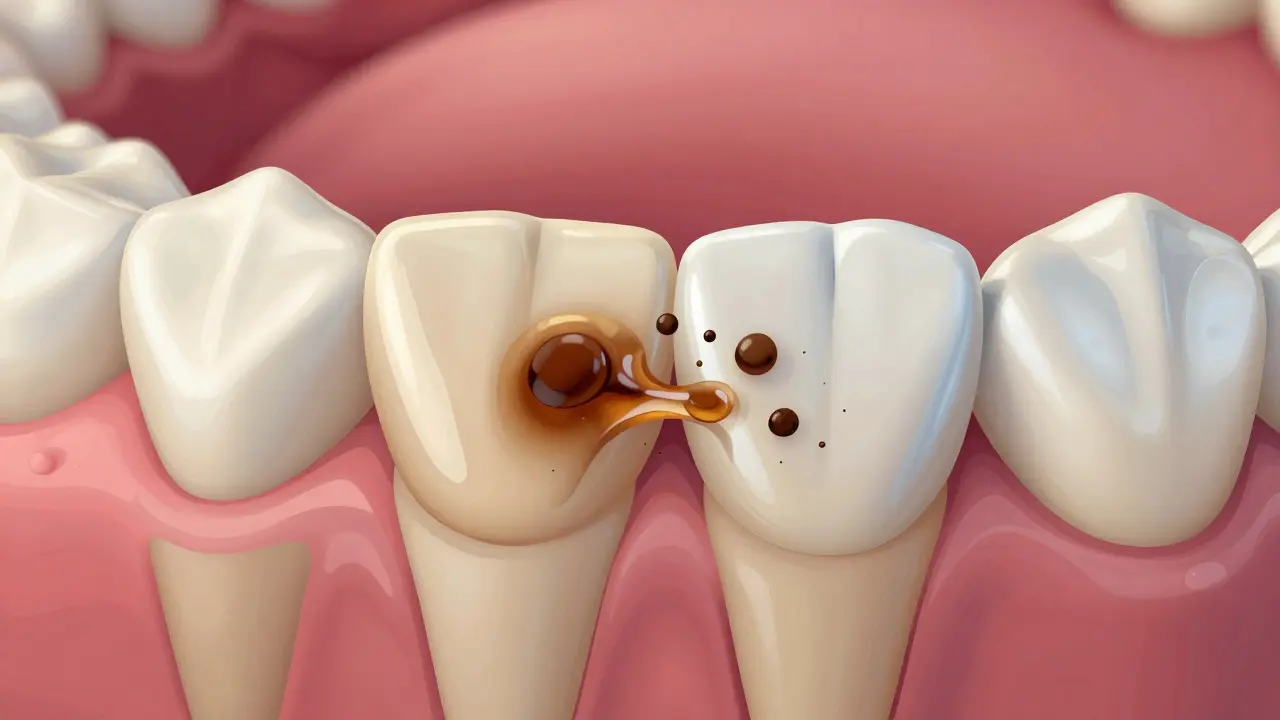 Příčný řez zubu s chemickým rozkladem barviv peroxidem vodíku ve sklovine.