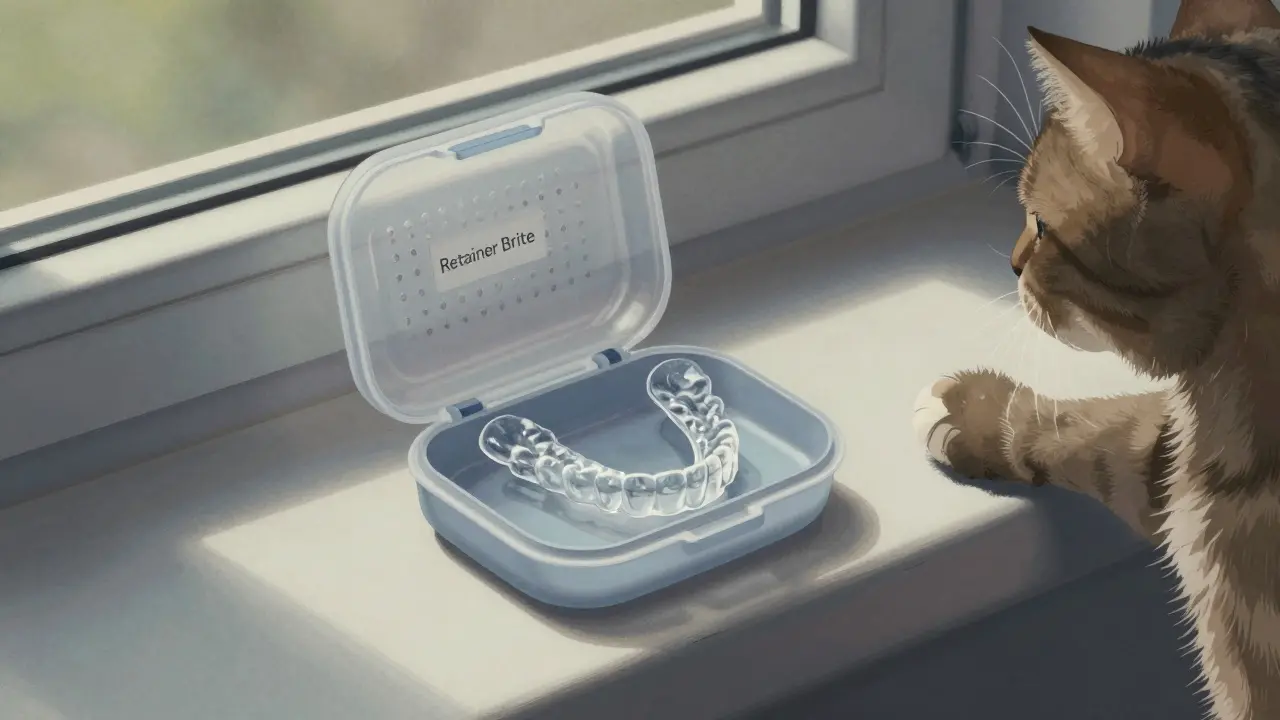 Rovnátka uložená v bezpečné krabičce daleko od kočky a slunce.