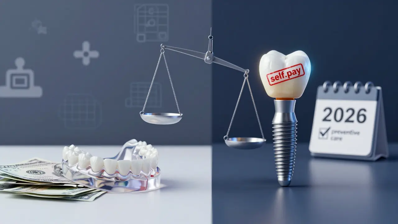 Rozdělený obraz: běžná protéza a implantát s označením nákladů.