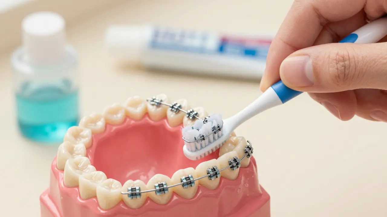 Ruka čistí mezizubní kartáčkem keramická rovnátka s detailními texturami a kapkami vody.