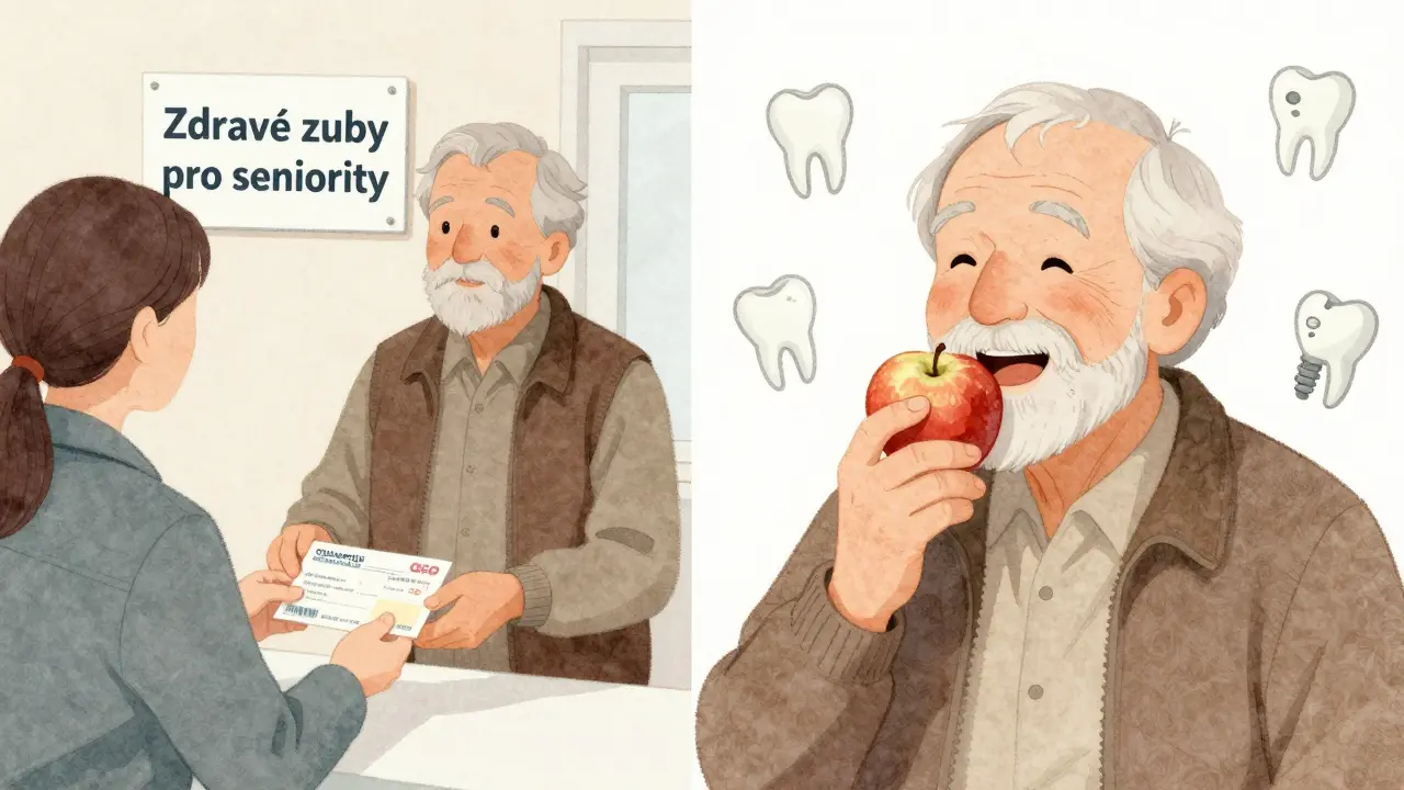 Starý muž dostává finanční příspěvek na zubní implantát od úředníka.