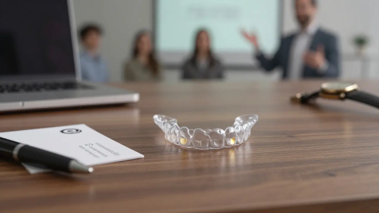 Transparentní rovnátka na stole vedle firemní karty a hodinek, odraz ukazuje prezentaci.