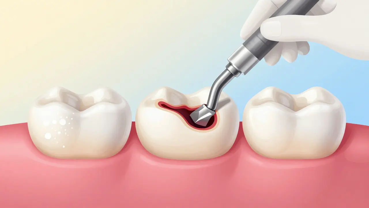 Tři fáze léčby kazu: počáteční demineralizace, odstranění kazů a vyplnění plombou.