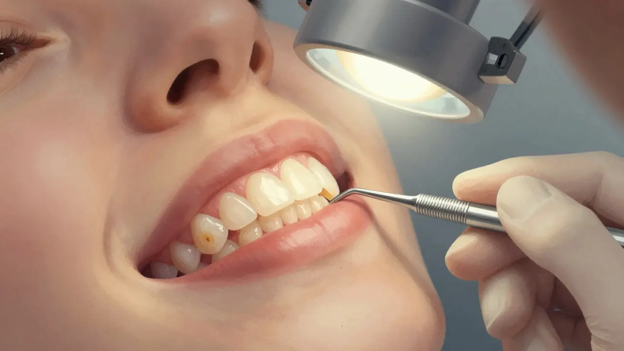 Zubař pečlivě prohledává hranici mezi fazetou a zubem pomocí sondy.