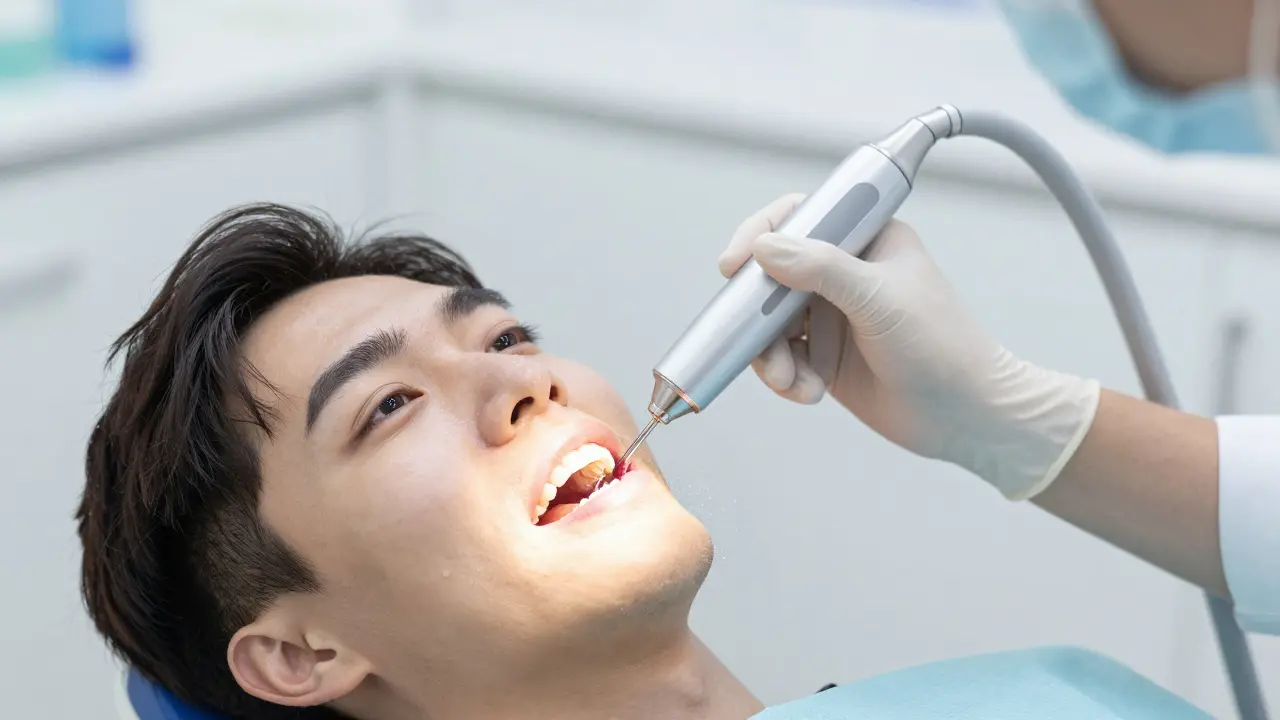 Zubní hygienistka odstraňuje kámen ultrazvukovým přístrojem.