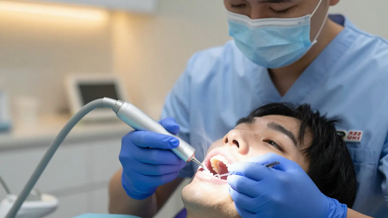 Zubní lékař odstraňuje vodní kámen ultrazvukovým skrabákem.