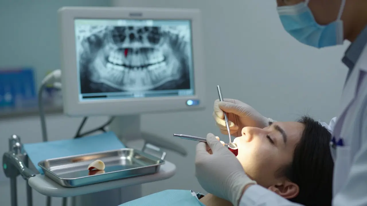 Zubní lékař vyšetřuje pacientovi zub s rentgenovým snímkem na pozadí.