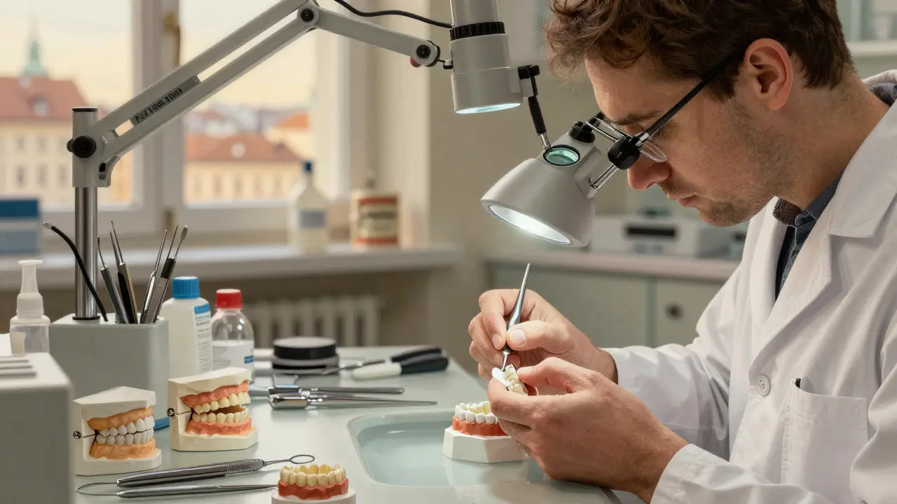 Zubní technik ručně vyrábí keramickou fazetu v laboratoři pod lampa.