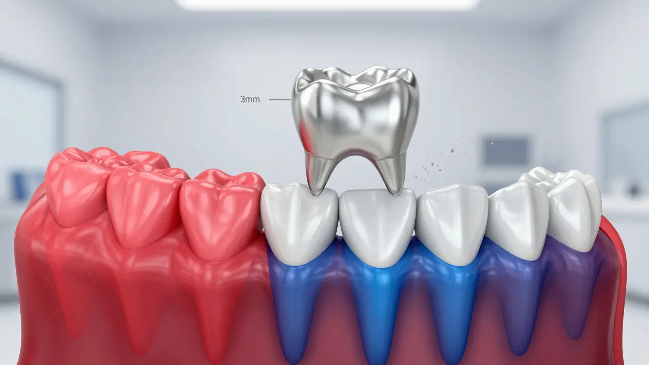 3D rekonstrukce kostní hmoty před a po ztrátě zubu s označením kritické výšky okostice pod 3 mm.