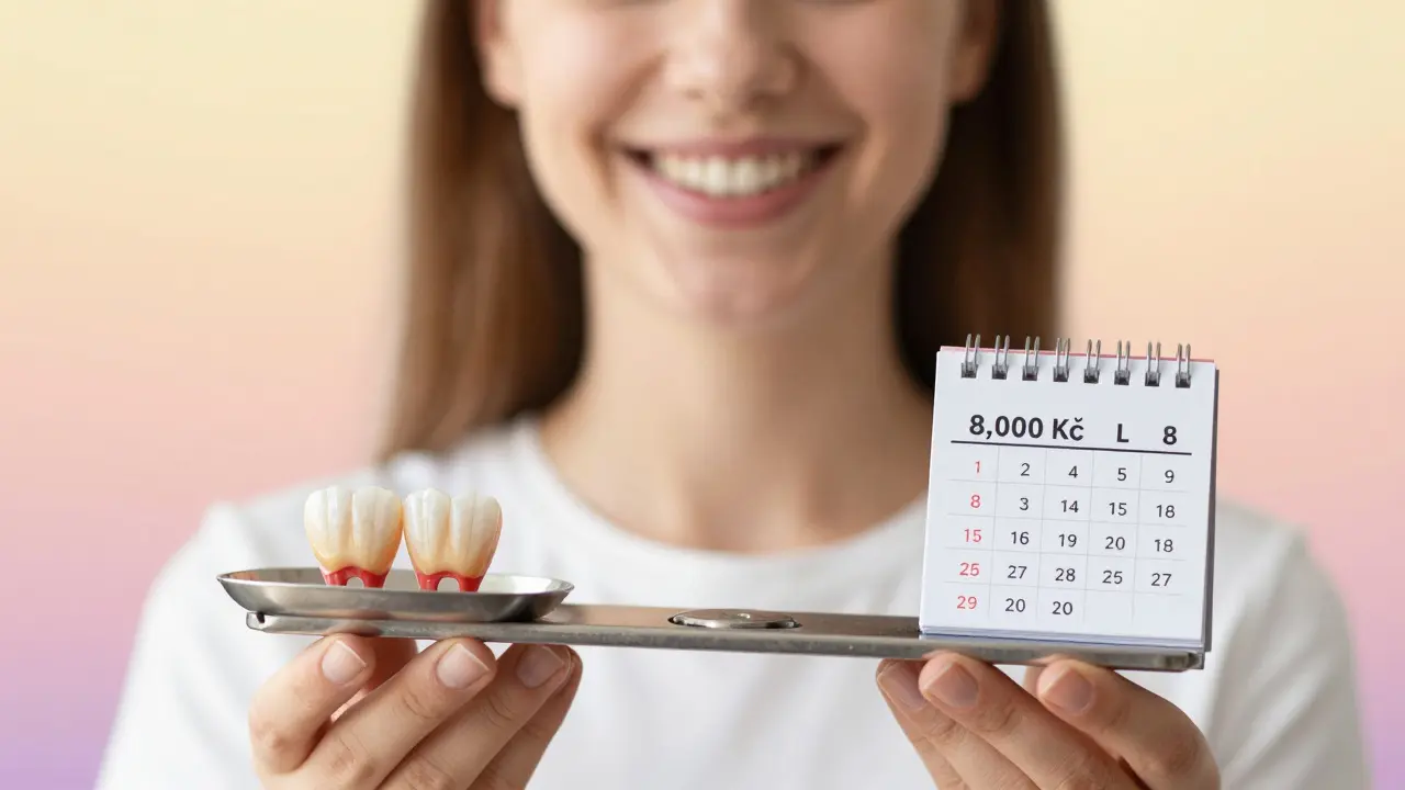 A smiling person with a scale balancing the cost of composite veneers against years of lasting results.