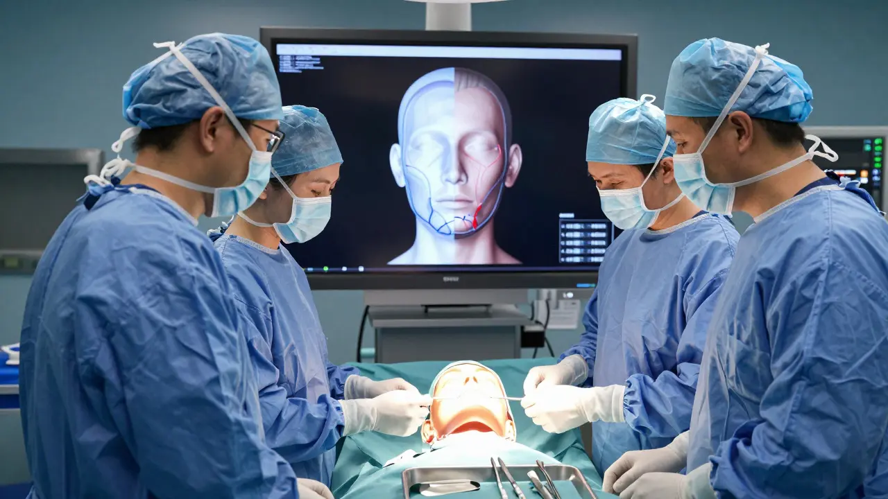 Chirurgové pracují s 3D modelem obličeje na obrazovce, sledují přesun kostí čelisti.