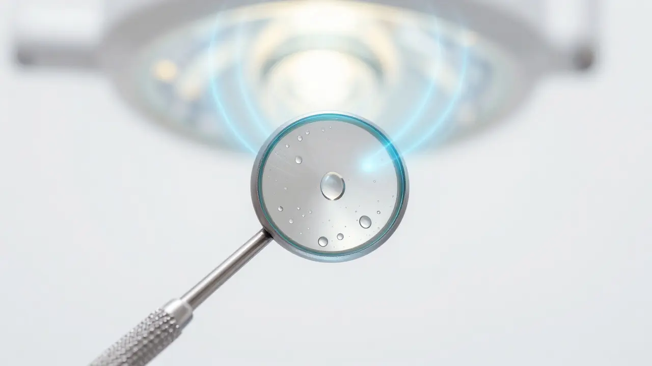 Čisté zubní zrcátko s odrazem světla, symbolizující detekci skrytých problémů v ústech.